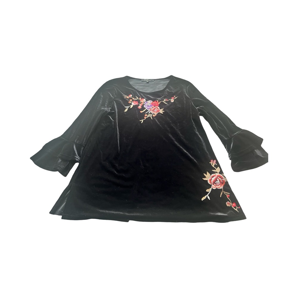 Caleesa Womens Black‎ Velvet Floral Embroidered Tunic Top Bell Sleeve Large